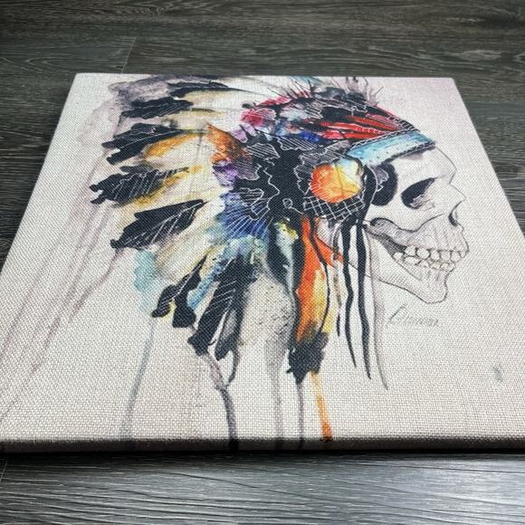 Watercolor Skull With Indian Headdress Textured 16x16 Wrapped Frame Native - Picture 2 of 7